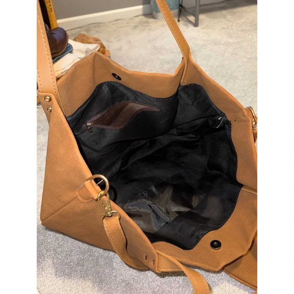 Large Tan Faux Suede Slouchy Tote Bag with Matching Pouch Crossbody‎ Strap